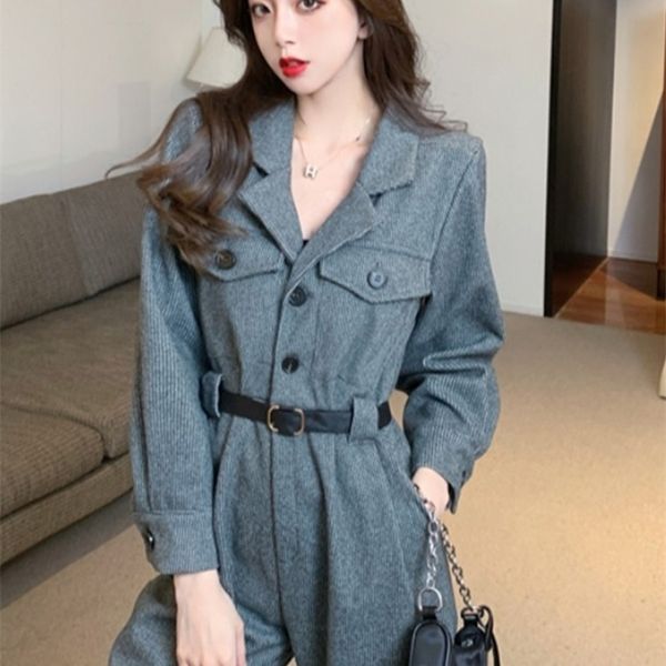 

womens jumpsuit autumn v-neck pockets ankle-length straight cargo pants high street wear sashes overalls, Black;white