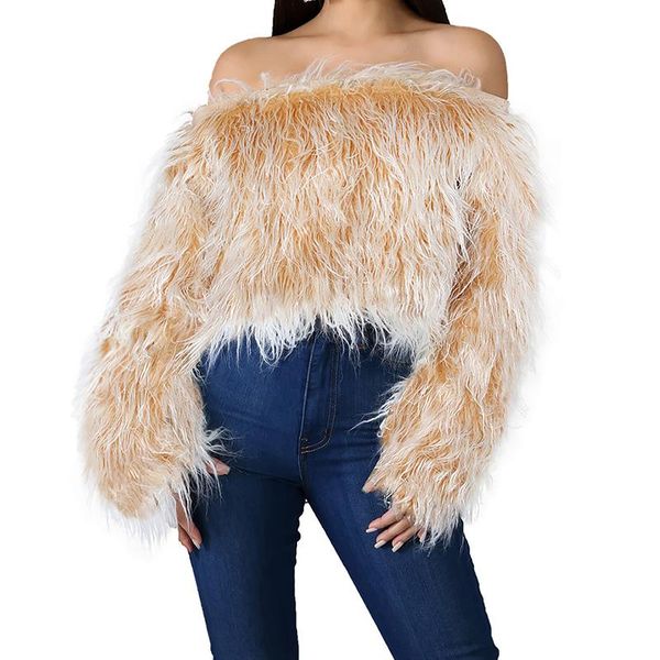 

women's sweaters women winter warm faux fur slash neck pullovers off shoulders long sleeve crop sweater short coat female, White;black