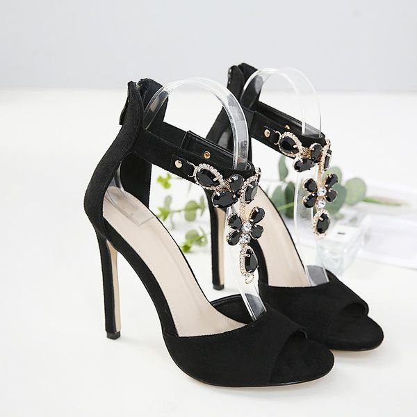 

sandals black crystal women embellished suede leather high heel peep toe ankle strap rhinestones gladiator shoes a520
