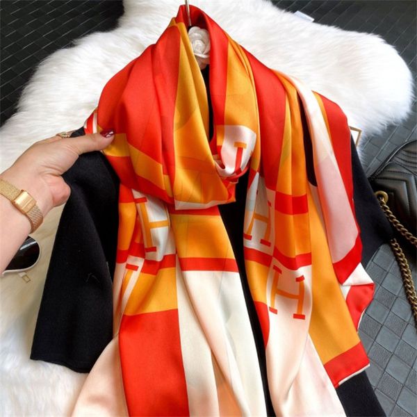 

design 2021 imitation spring and summer double layer thin letter printing fashion shawl silk women's scarf sunscreen decorative beach, Blue;gray