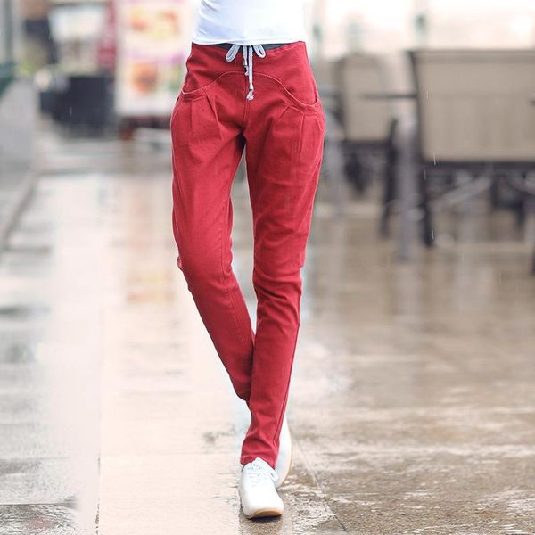 

spring elastic waist lace up harem pants woman korean style drawstring ankle length jeans femme matched casual denim mujer, Blue