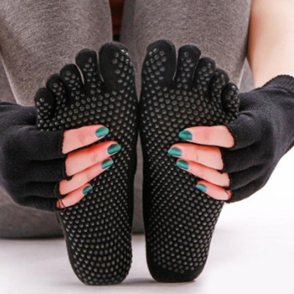 

women yoga socks anti-slip five fingers hollow out ankle ballet gym fitness sports female 5 colors, Black