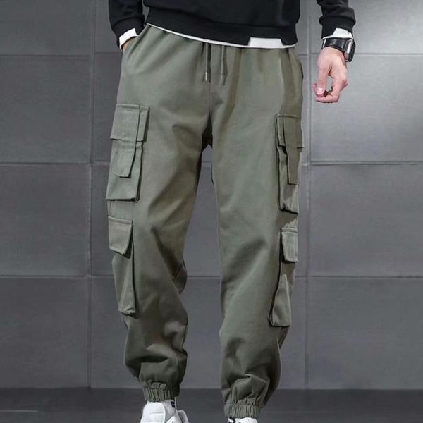 

men's pants man fleece elastic waist thicken multi pockets cargo for school, Black