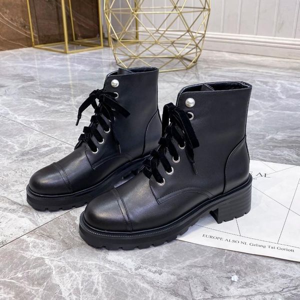 

boots ankle women genuine cow leather lace-up round toe lady booties autumn winter platform sole shoes motorcycle, Black