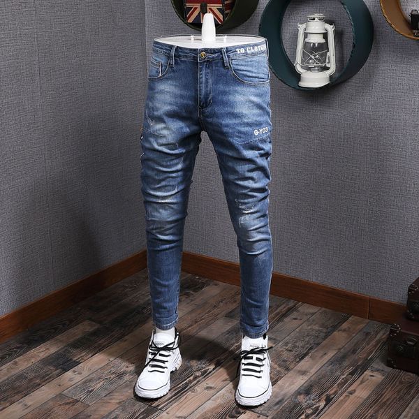 

2021 new korean style fashion men jeans newly elastic slim fit ripped denim trousers printed designer hip hop pencil pants homme f4q8, Blue