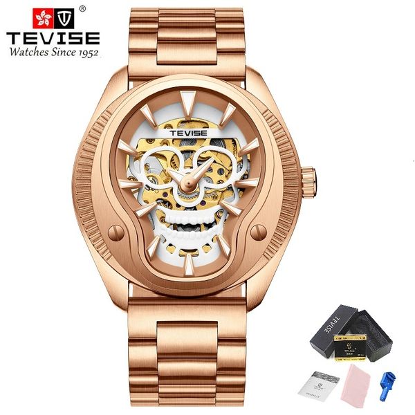 

skeleton watches man tevise t853 automatic mechanical 22mm band strong luminous gold black hollow, Slivery;brown