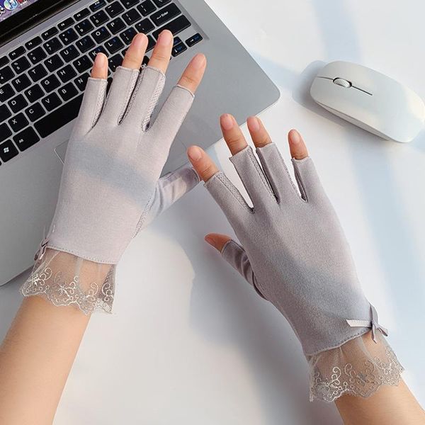 

five fingers gloves half-finger lace sunscreen women summer thin cotton anti-uv driving non-slip, Blue;gray