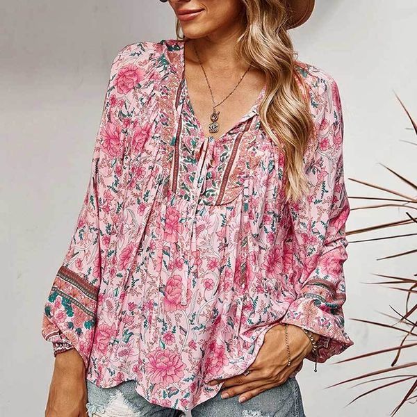 Boho Inspired Uzun Kollu Kadın Bluz Gömlek Çiçek Baskı Boho Gömlek Tops Tie V Yaka Pembe Kadın Üstleri Rayon İlkbahar Yaz Bluz Tops 210225