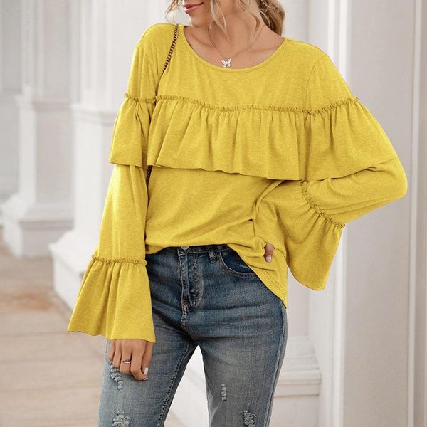 

women's t-shirt spring and summer loose leisure ruffle stitching long-sleeved solid color mid-length top, White