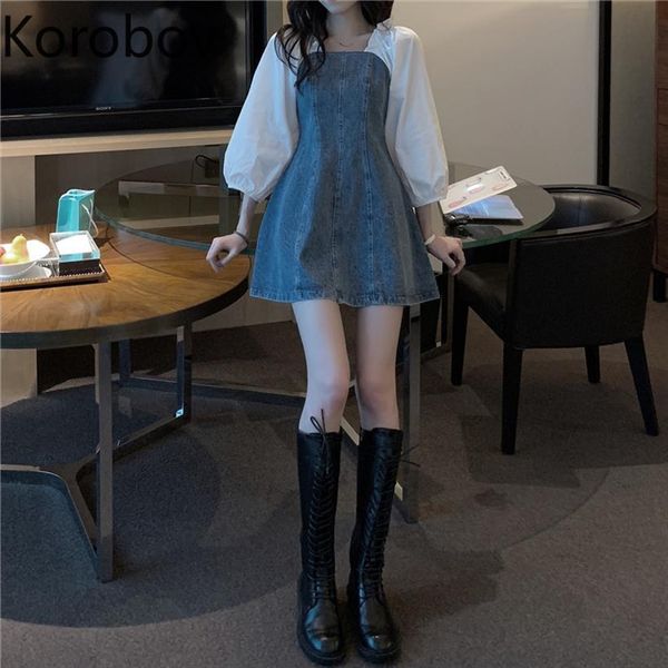 

autumn square collar puff sleeve women dresses denim korean high waist patchwork preppy style vestidos, Black;gray