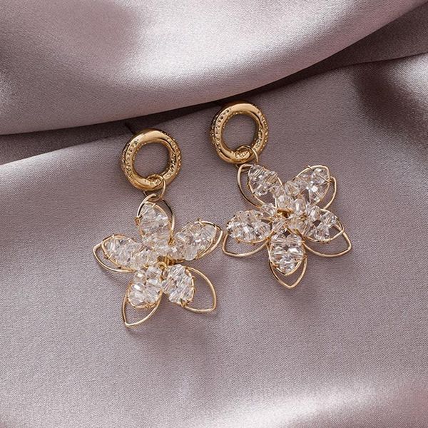 

stud crystal flower earrings length and short luxury hollow for women, exquisite jewelry 2.4cm 4.5cm long, Golden;silver