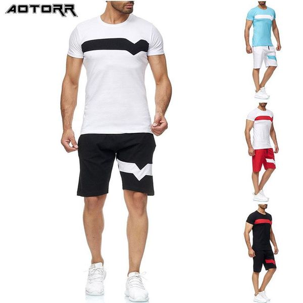 

2021 new mens summer sports suit cotton crewneck short sleeve + shorts 2 piece color matching casual sports tracksuit men, Gray