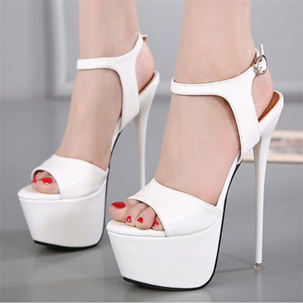 

peep toe ankle buckle rome sandals women concise solid pu fine heel sandals platform super high heels fashion shoes party woman, Black