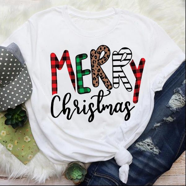 

women t shirt leopard letter plaid cute 90s year holiday merry graphic tees clothes print lady female, White
