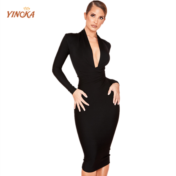 

casual dresses yinoka bandage v neck long sleeves black white blue red bodycon dress elegant party evening night club wear, Black;gray
