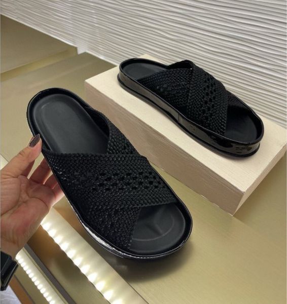 

lastest flat bottom slipper women sandals luxury designer shoes causal weave wide womens straw beach shoe solid khaki sandal slippers 35-41, Black