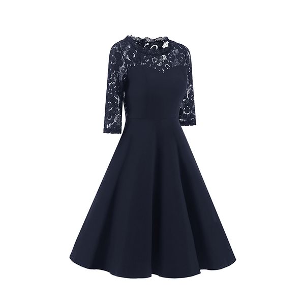 

2019 autumn dress women lace floral hollow out patchwork vestido female zipper vintage half sleeve dress, Black;gray