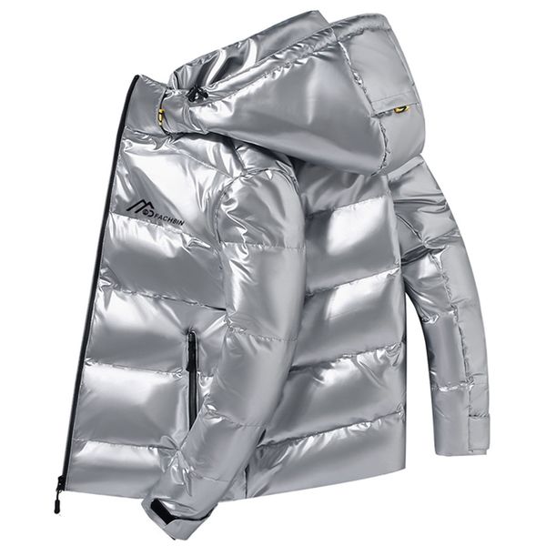 

shiny fabric down jacket men hooded white duck thick winter warm parka waterproof plus size 4xl, Black