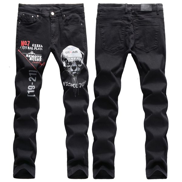 

2021 new fashion streetwear black color casual slim fit printed designer men night club punk pants hip hop jeans homme zb1k, Blue