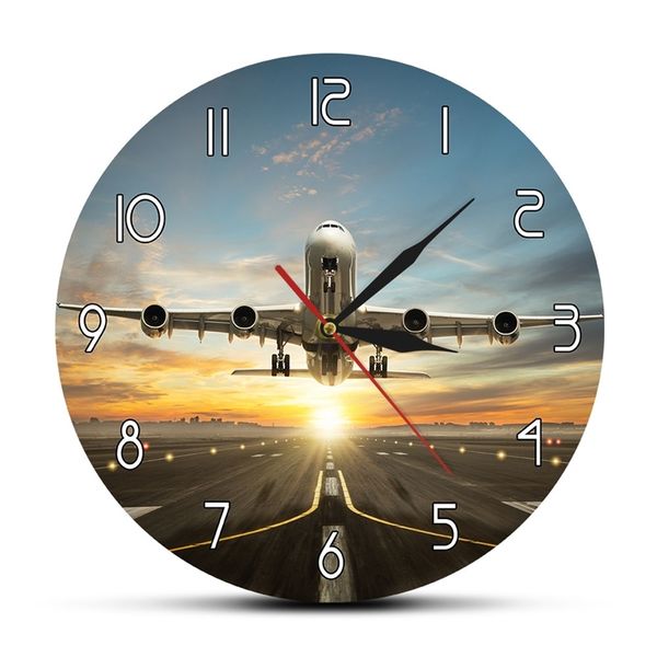 Enorme dois andares Comercial Jetliner Jetliner Relógio de Parede Comercial Avião Avião de Pista em Pôr do sol Dramático Luz Modern Home Decor 210310