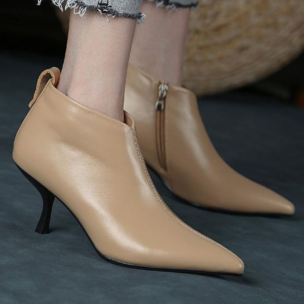 

boots women's genuine leather thin high heel autumn ankle pointed toe elegant ladies slim daily short booties ol style shoes, Black