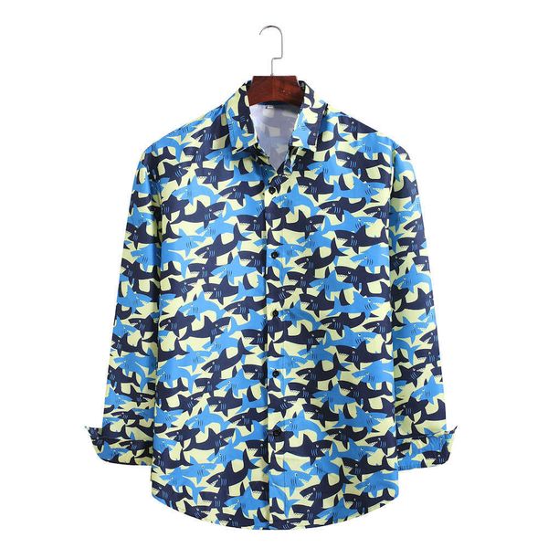 

autumn new european floral men's long sleeve large shark print shirt, White;black