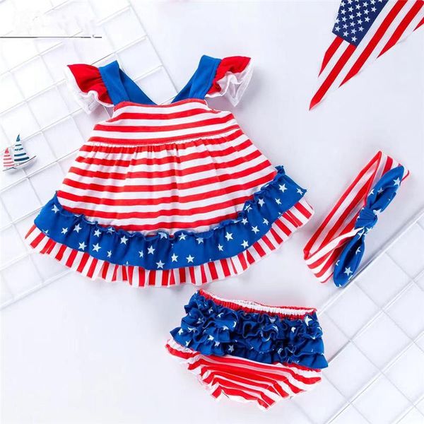 

clothing sets independence day baby girl lace mesh gauze sleeveless striped backless cross bow suspender skirt pp pants 3pces headdress, White