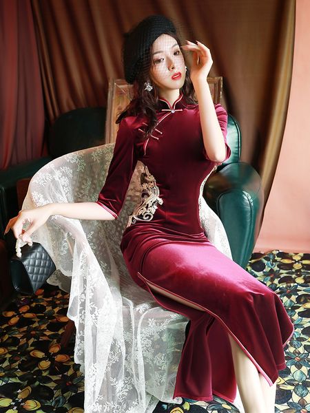 

dressed in red velvet wine cheongsam 2021 new elegant long female retro-enhanced chinese style dress feminine faerie fashion t7my, Black;gray