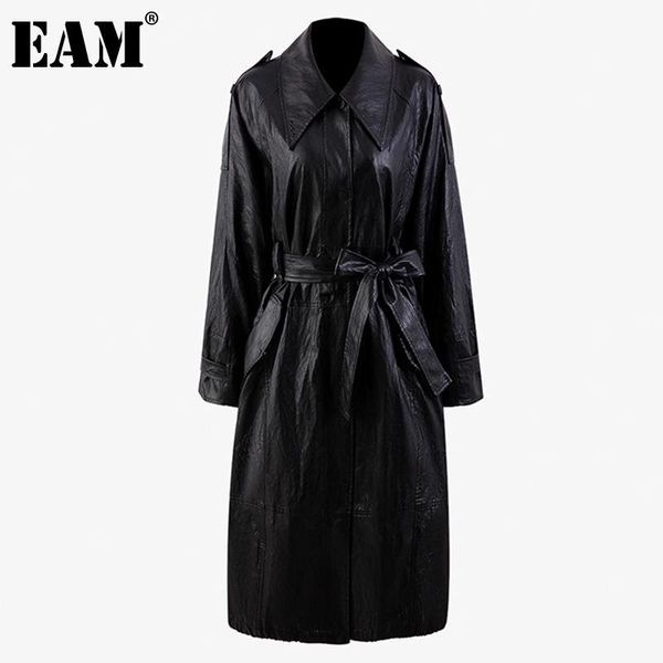 

eam] women pu leather drawstring wrinkled trench new lapel long sleeve loose fit windbreaker fashion spring autumn 2021 1dd3680, Tan;black