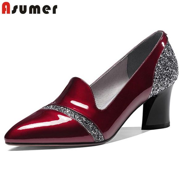 

dress shoes asumer 2021 est patent leather high heels ladies genuine single mixed colors fashion classic women pumps, Black