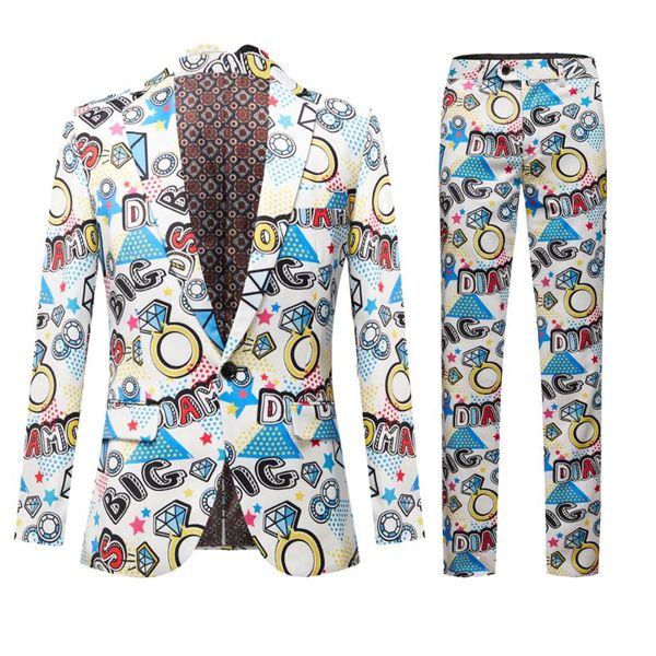 

men's suits & blazers printed 2-piece set club bar evening stage singer costume slim jacket and trousers, White;black