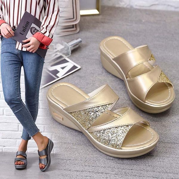 

slippers summer wedges flat women beach open toe sequin fashion casual stitching hollow female waterproof table slipper, Black