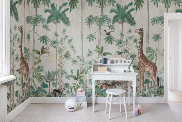 

wallpapers peel and stick- nursery room decor- tropical wallpaper- animal forest wallposter- animals trees