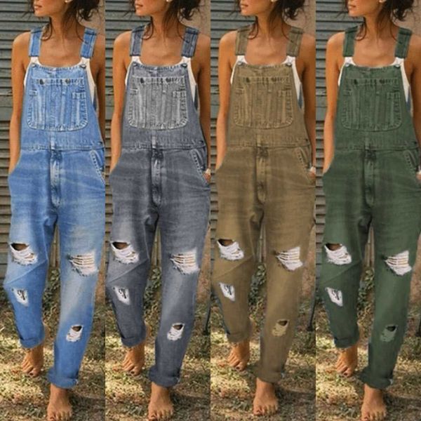 

double shoulder sports strap holed denim jumpsuit women's casual 4 colors, Blue