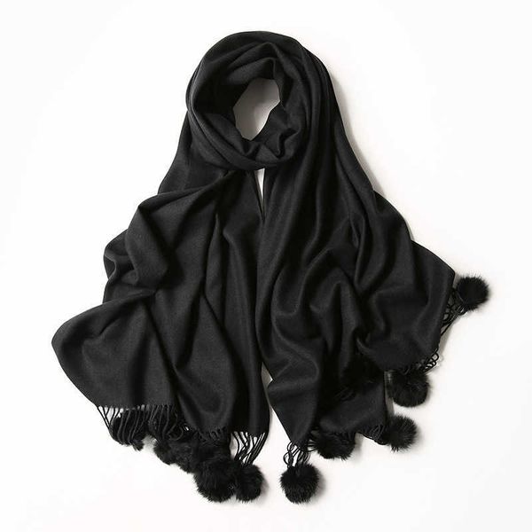 

women plain solid tassel cashmere shawl scarf with rabbit fur pom lady winter wrap pashmina poncho hijab echarpe foulards x0722, Blue;gray