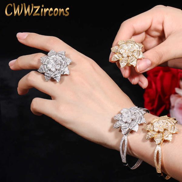 

sparkling sun flower yellow gold silver color luxury dubai wedding party big cz bangle and rings jewelry set t325 210714