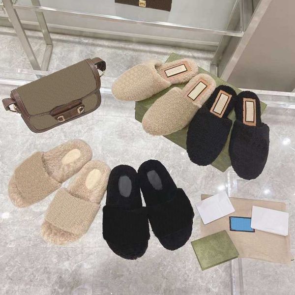 

2021 winter women men slippers wool warm fur pointed slipper house outside splicing autumn womens slides ladies hollow sandals midsole thick, Black
