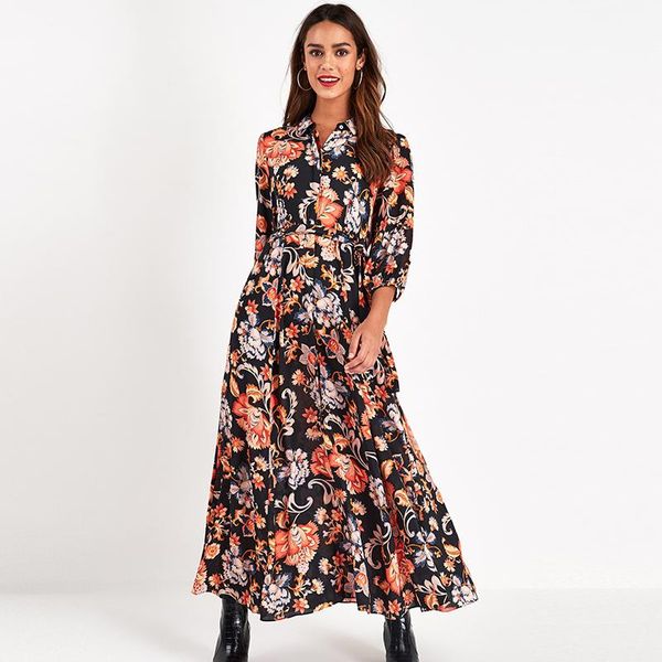 

casual dresses aachoae vintage floral print maxi dress women boho three quarter sleeve long shirt robe, Black;gray