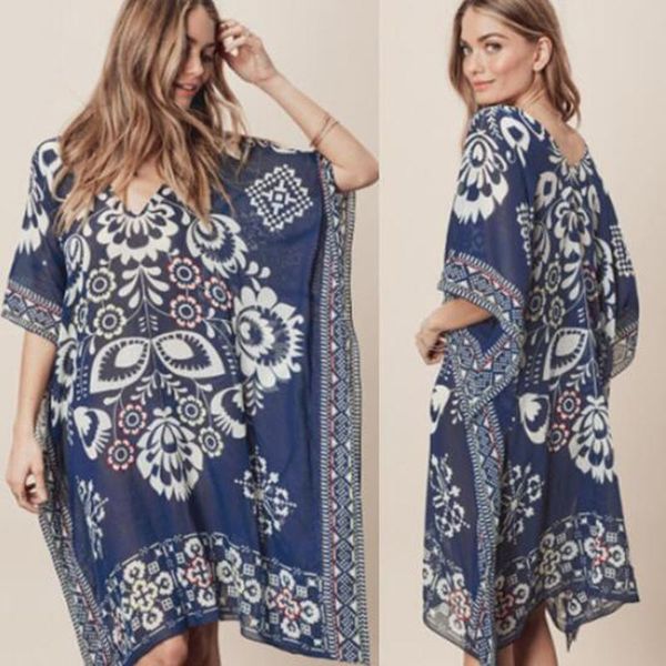 

women's swimwear melphieer navy blue positioning flower chiffon v-neck bikini cover up dress tunic long pareos swimsuit cover-up beach, White;black