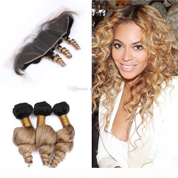 

dark roots 1b 27 loose curly virgin hair weaves with frontal closure dark roots loose wave 1b 27 3bundles with lace frontal 13x4, Black;brown