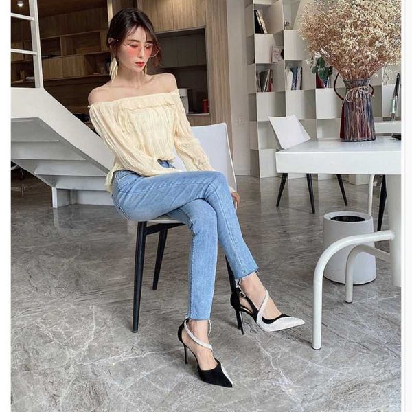 

sandals summer all-match stiletto high-heeled large size pointed toe rhinestone suede banquet dress small women's shoes, Black