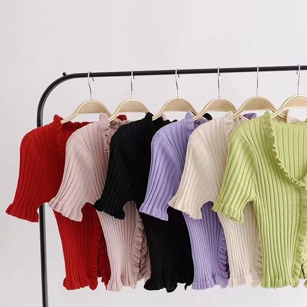 

2021 autumn knit sweater female women ruffle trim crop knit cardigan with short sleeve deep v neck crop jumper pull femme, White;black