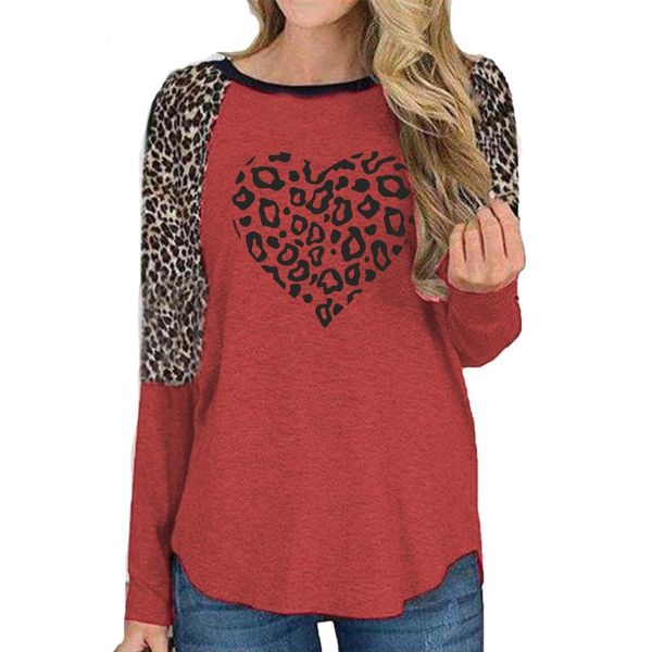 

women's t-shirt 2021 women girl full sleeve round neck t shirts cotton vintage leopard patchwork printed heart casual sweatshirt, White