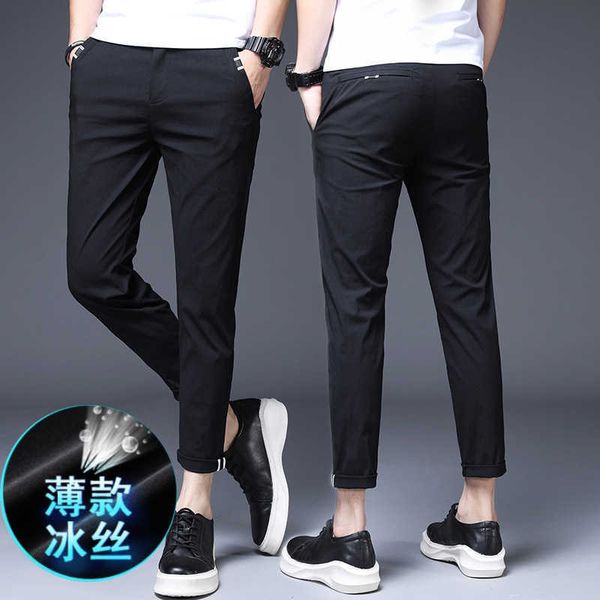 

ice silk casual capris men's 2021 spring and summer thin elastic slim small straight pants fashion brand wear, Black