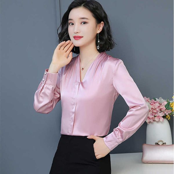 

korean fashion silk women blouses solid long sleeve pink shirts plus size xxxl/4xl blusas femininas elegante ladies 210531, White
