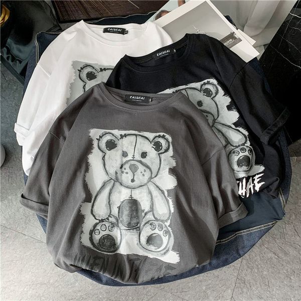 

new cotton gothic t shirt men loose harajuku streetwear casual funny bear fashion summer 2021 high street tshirts males rt6o, White;black