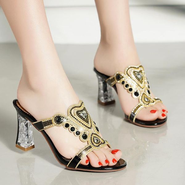 

sandals slippers women's women heel drag fish mouth 2021 rhinestone thick, Black