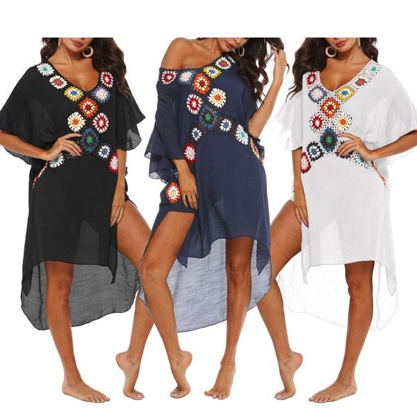 

casual dresses v-hand hook stitching beach blouse irregular split dress, Black;gray