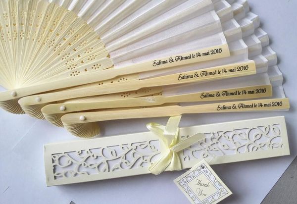 

50 pcs/lot personalized luxurious silk fold hand fan in elegant laser-cut gift box +party favors/wedding gifts+printing