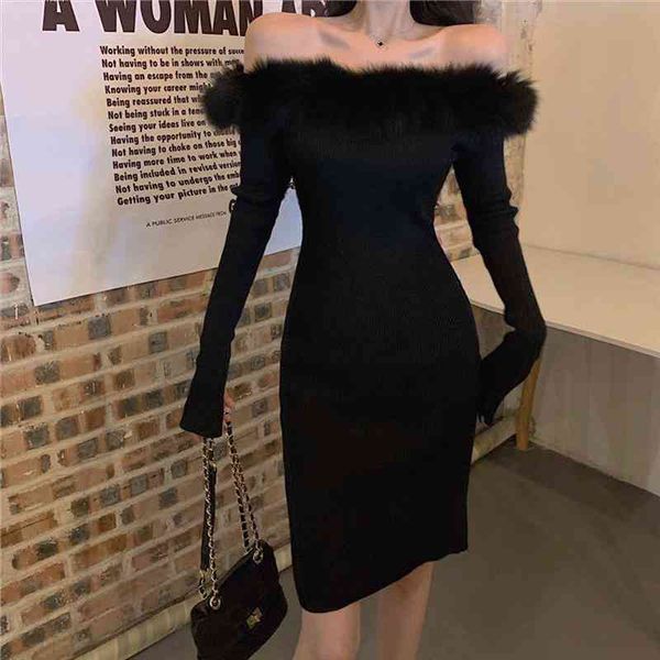 

women knitted dress winter long sleeve off shoulder white party dresses for year furry collar elegant robe, Black;gray
